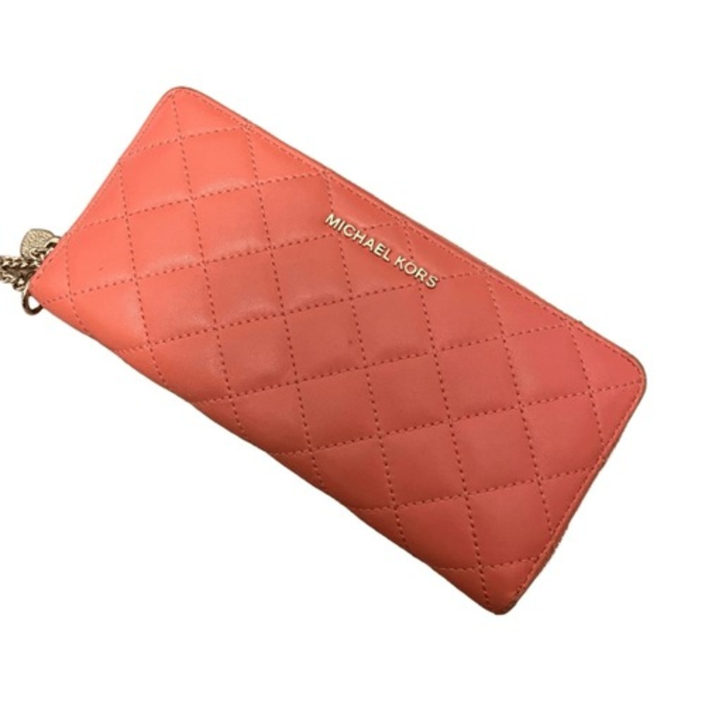 Michael Kors Coral Pink Quilted Leather Zip Around Continental Wallet Heart